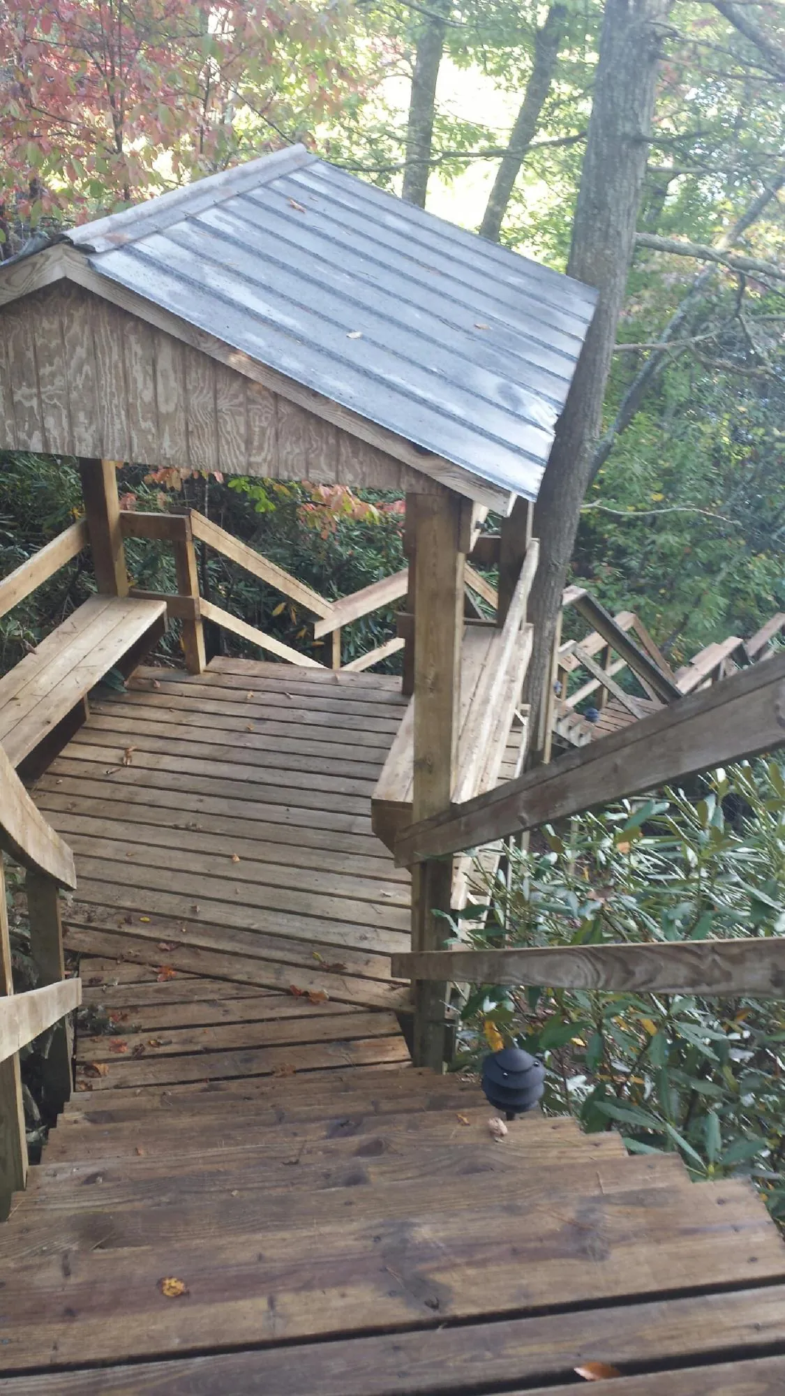 Metal roofed shelter over wooden steps on a wooded walkway — Skylight Repair & Installation work by our crew in Wahoo